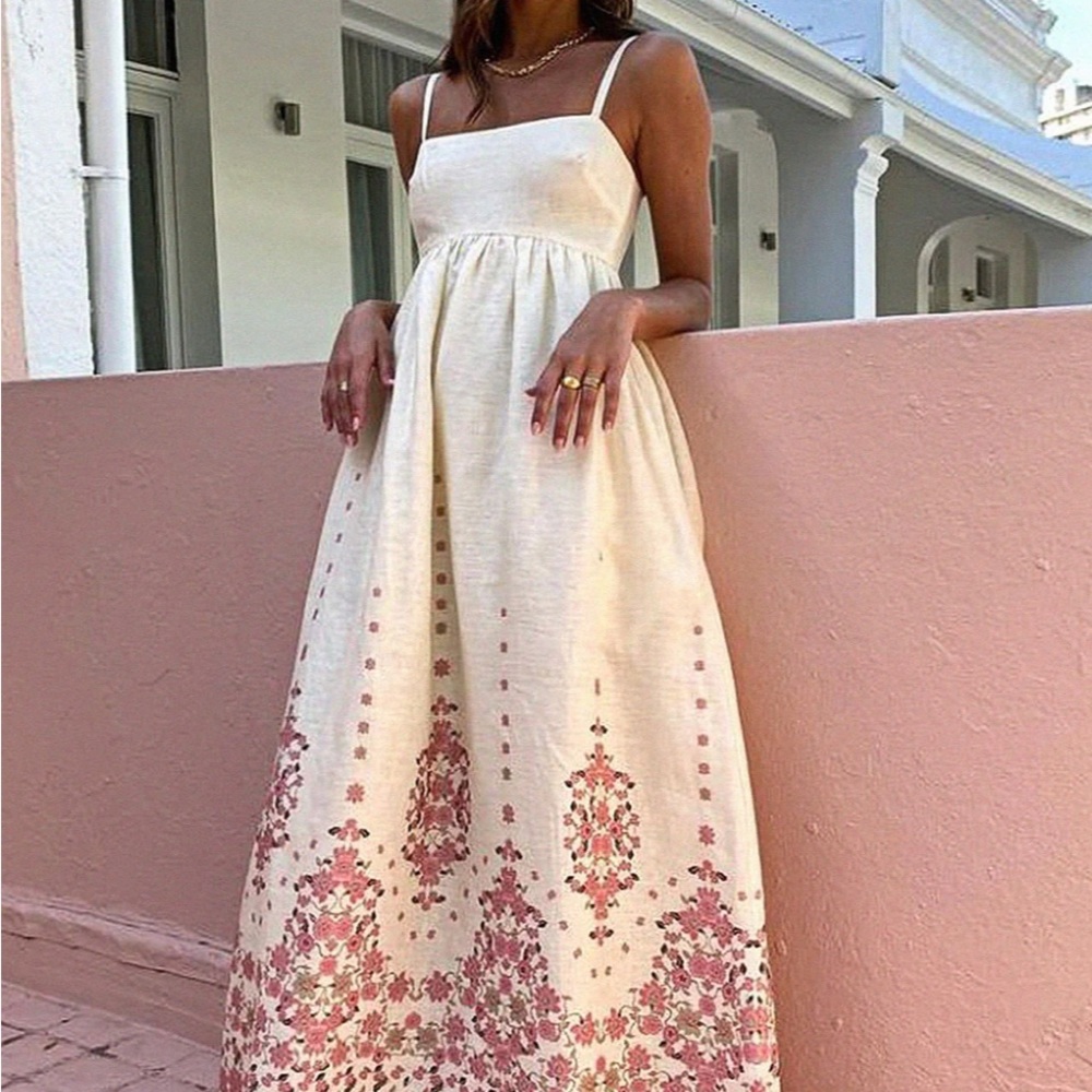 Commense Cream with Pink Floral Accents Elegant Dress - Picture 6 of 7